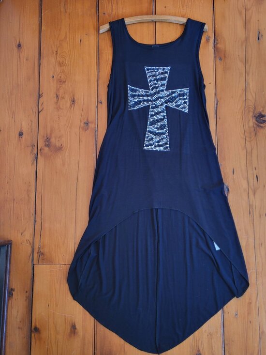 Twik Vintage Black High Low Dress Rhinestone Cross Sleeveless Whimsygoth - Picture 14 of 14